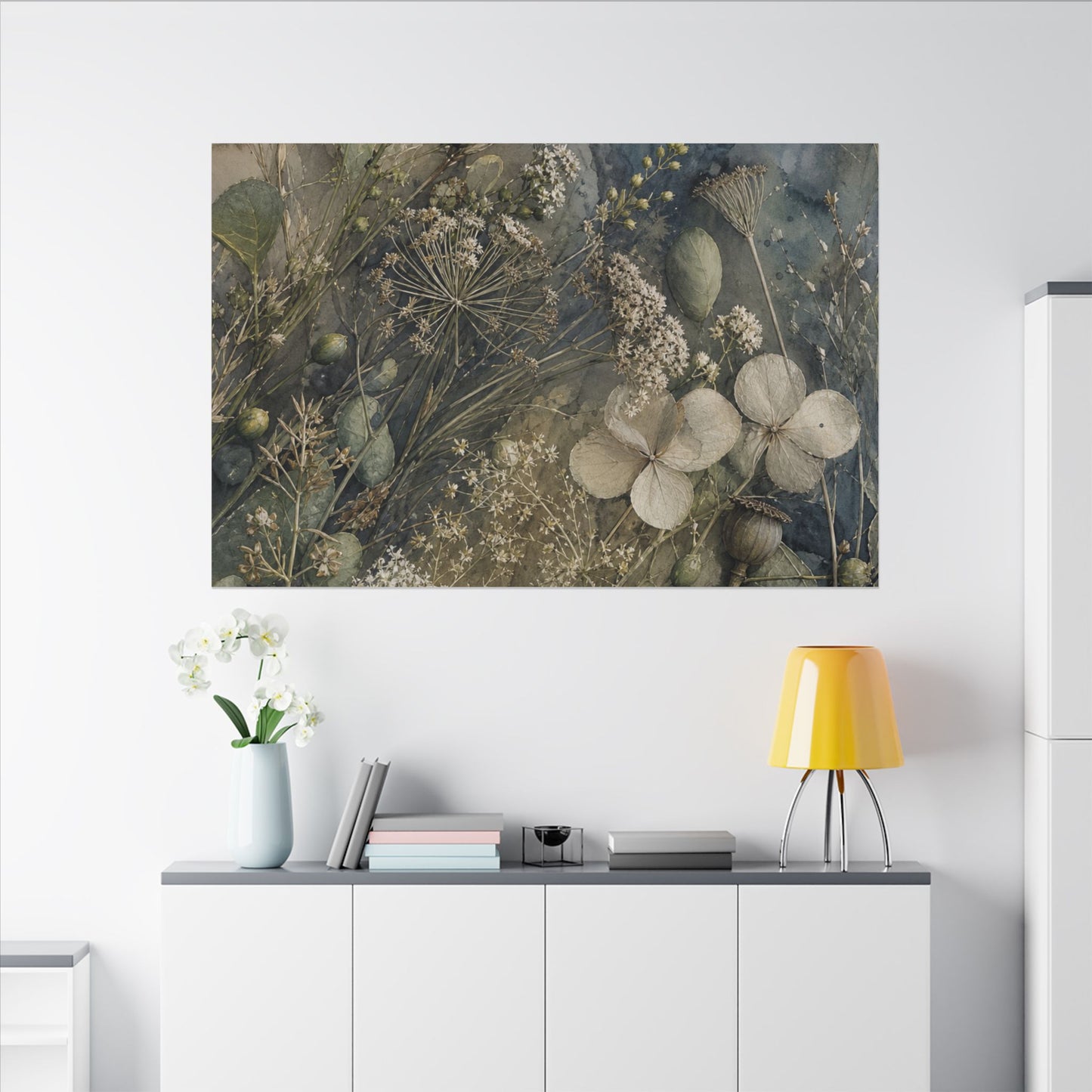 Japandi Dried Flowers in Moonlight | Watercolor Canvas Art