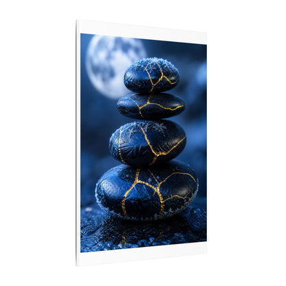 River Stones Canvas Art | Winter Kintsugi Gold Repair Art