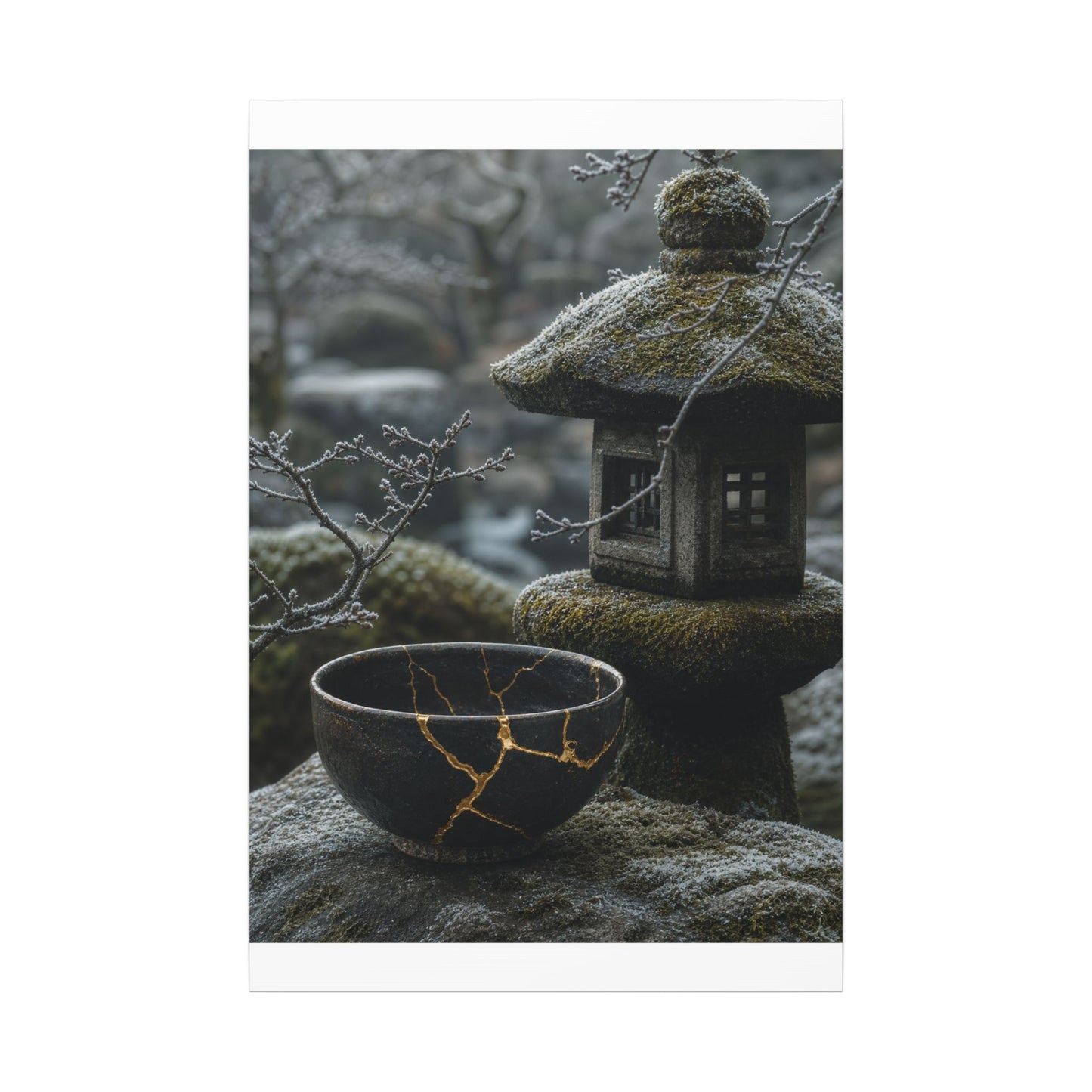 Stone Lantern Canvas Art | Winter Kintsugi Gold Repair Art