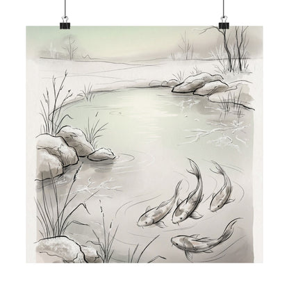 Japandi Koi Pond in Dawn | Minimal Line Wall Art Print
