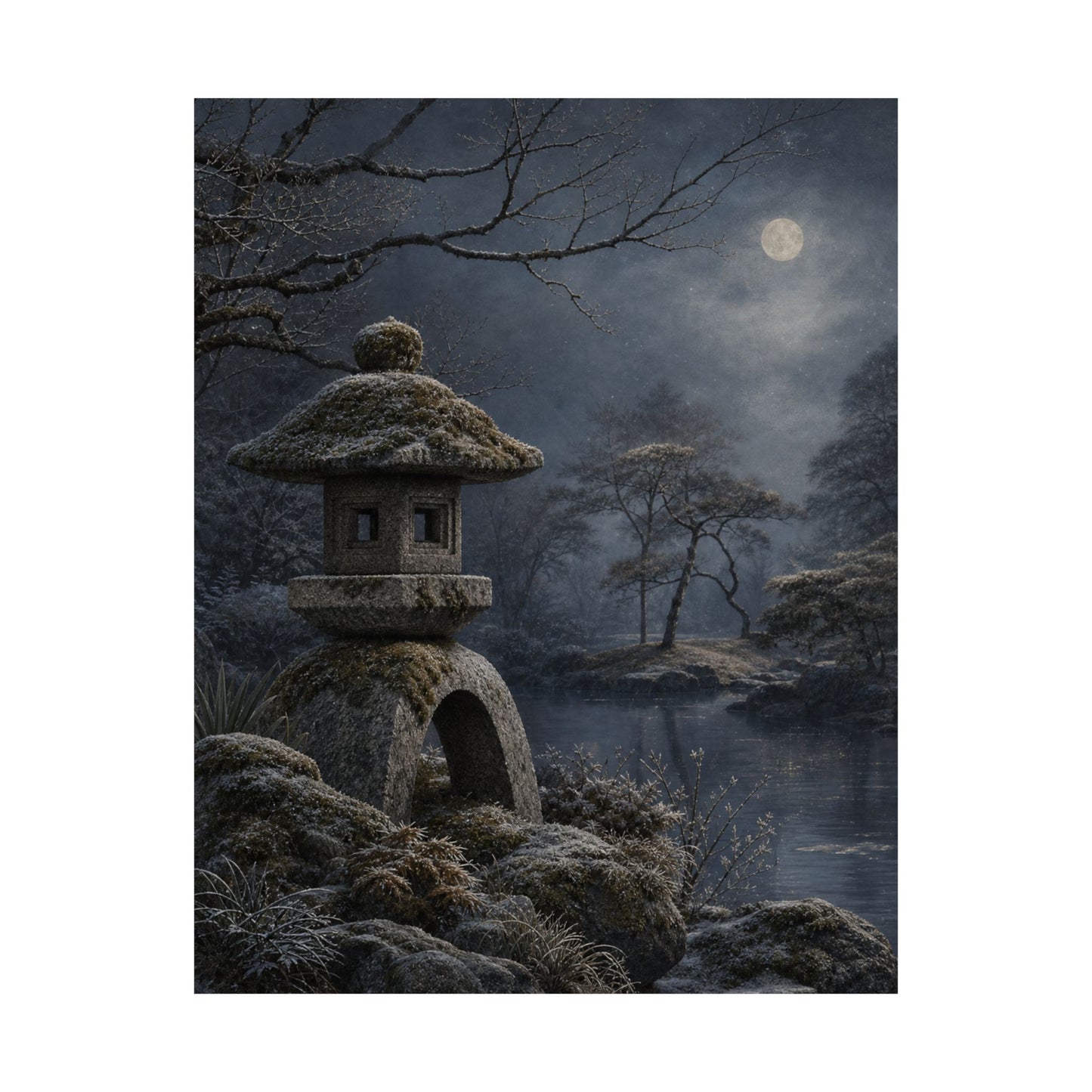 Winter Stone Lantern Japanese Pattern Wall Art Print | Earthy Decor