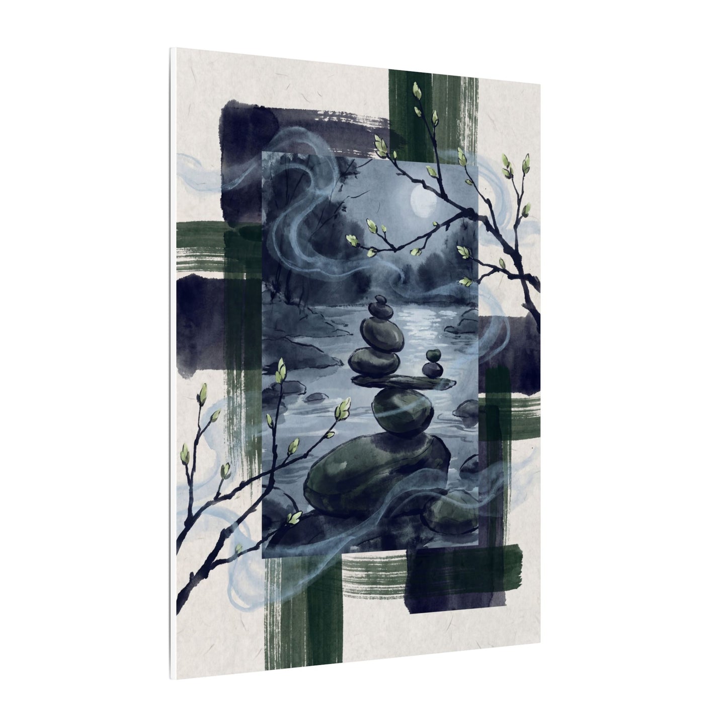 Moonlight River Stones Canvas Art - Zen Shibui
