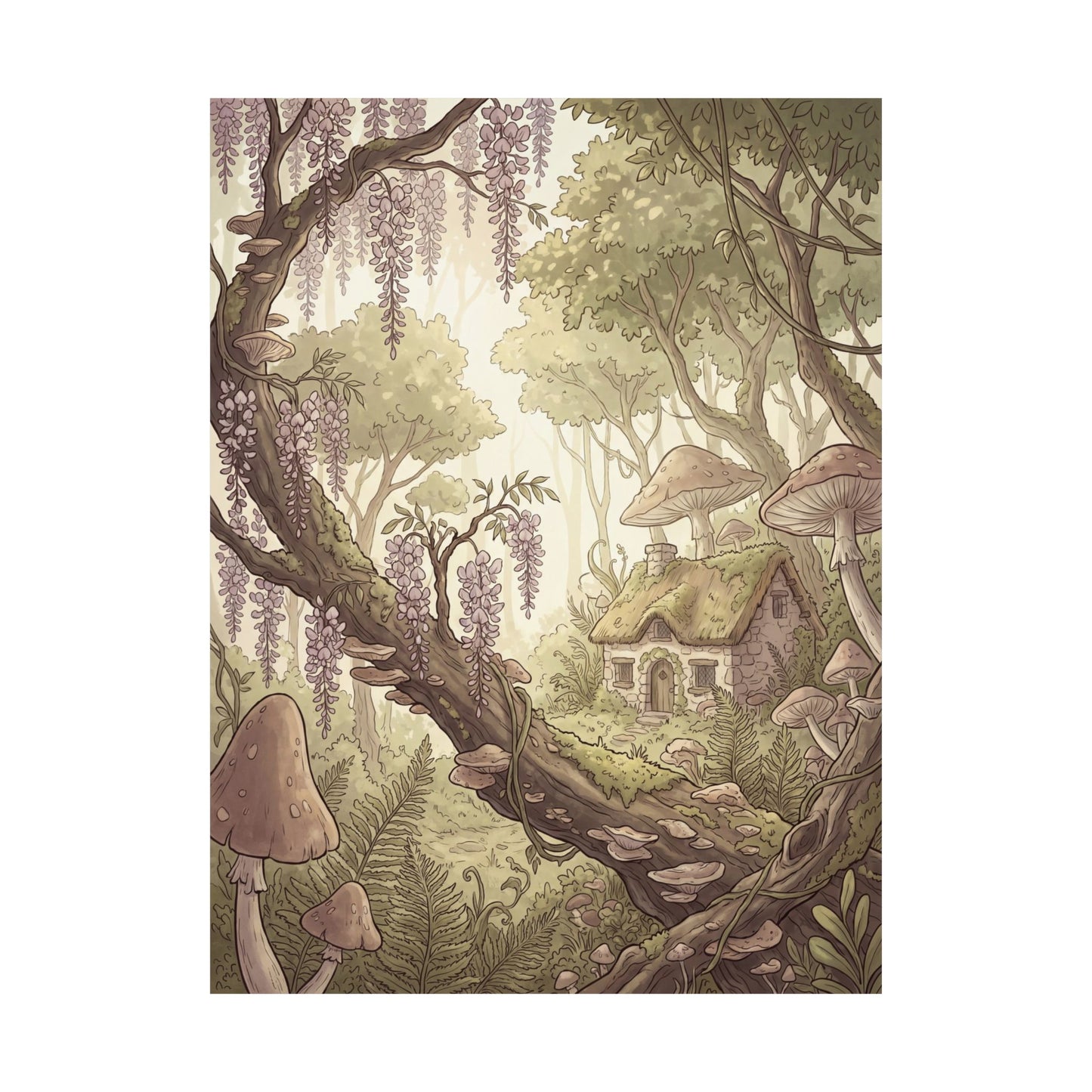 Summer Wisteria Mushroom Illustration Wall Art Print | Rustic Decor