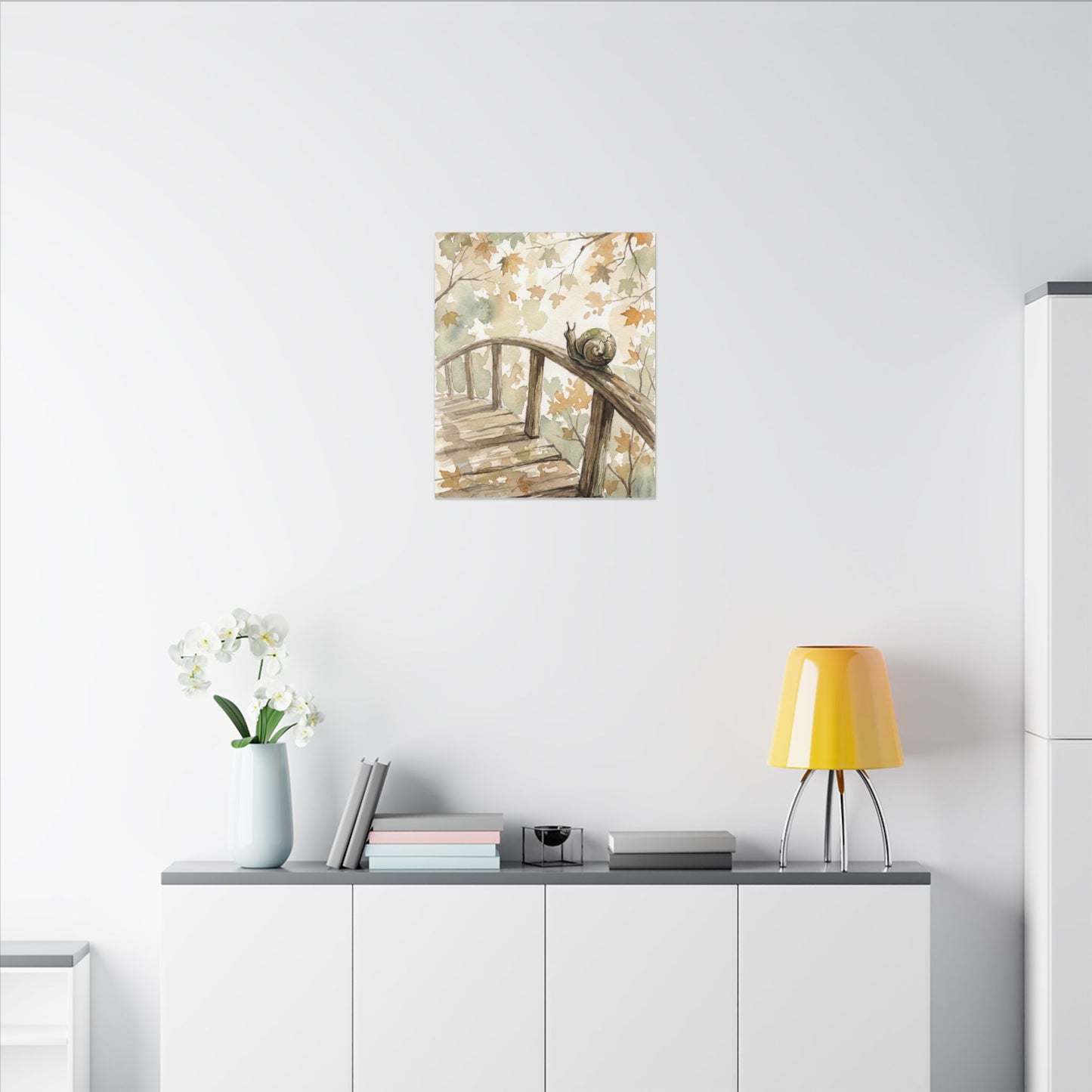 Wooden Bridge Canvas Art | Autumn Japandi Watercolor Art