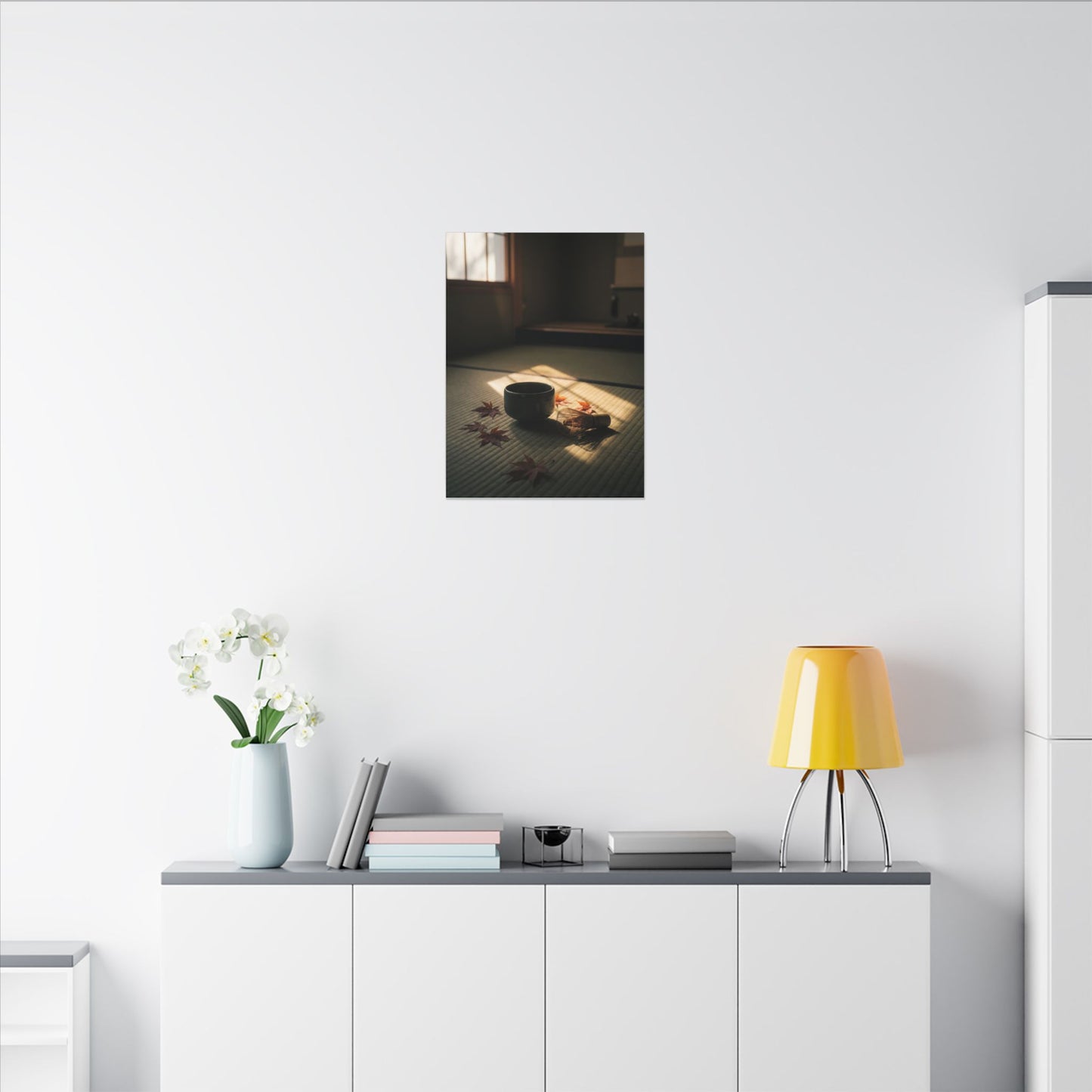 Dark Japandi Tea Ceremony in Golden Hour | Moody Minimal Canvas Art