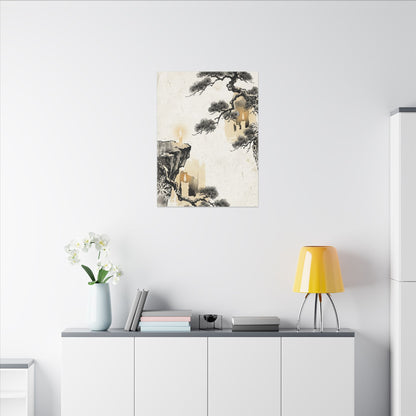 Japandi Pine Tree in Candlelight | Japanese Pattern Canvas Art