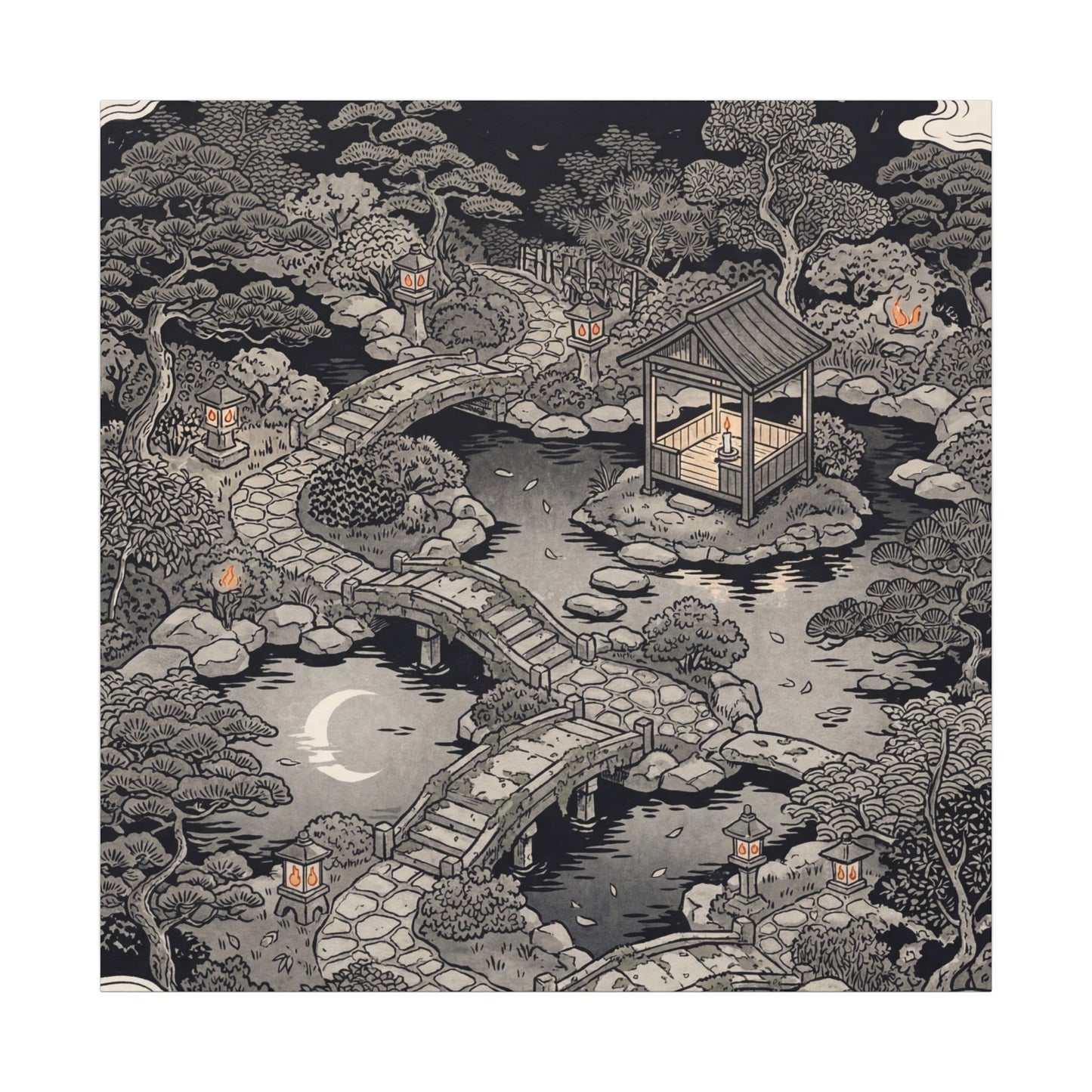Moonlit Garden Ukiyo E Inspired Canvas Art | Serene Zen Art