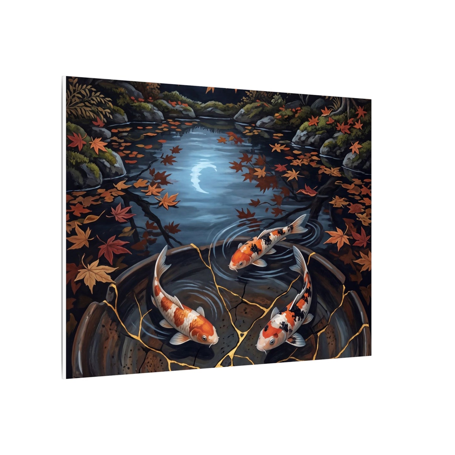 Koi Pond Canvas Art | Autumn Kintsugi Gold Repair Art