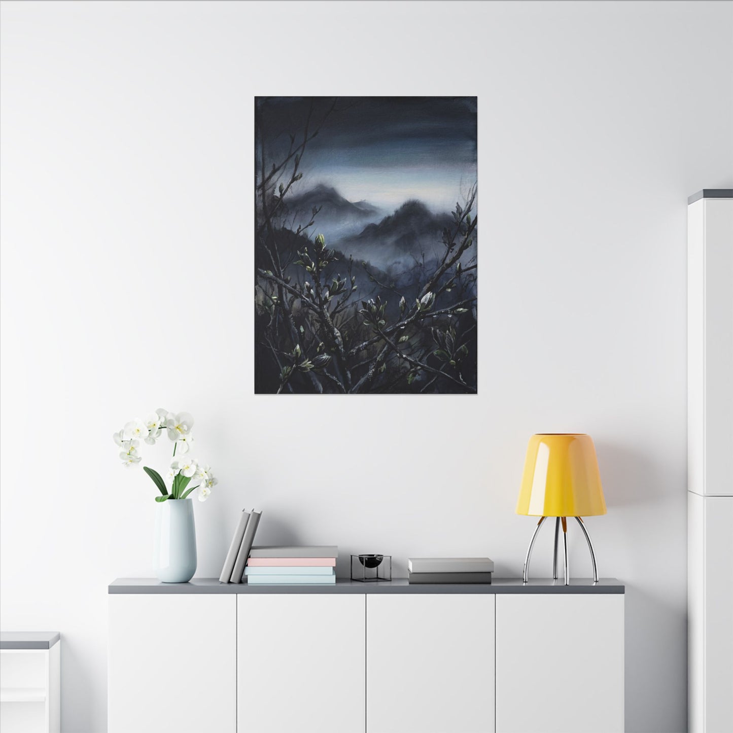 Mountain Mist Spring Canvas Art | Dark Japandi Atmospheric Design
