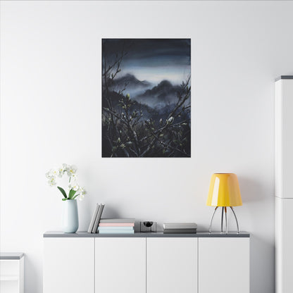 Mountain Mist Spring Canvas Art | Dark Japandi Atmospheric Design