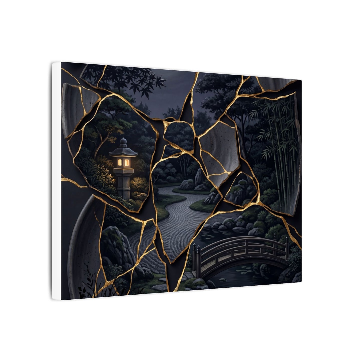 Kintsugi Moonlit Garden in Golden Hour | Gold Repair Canvas Art