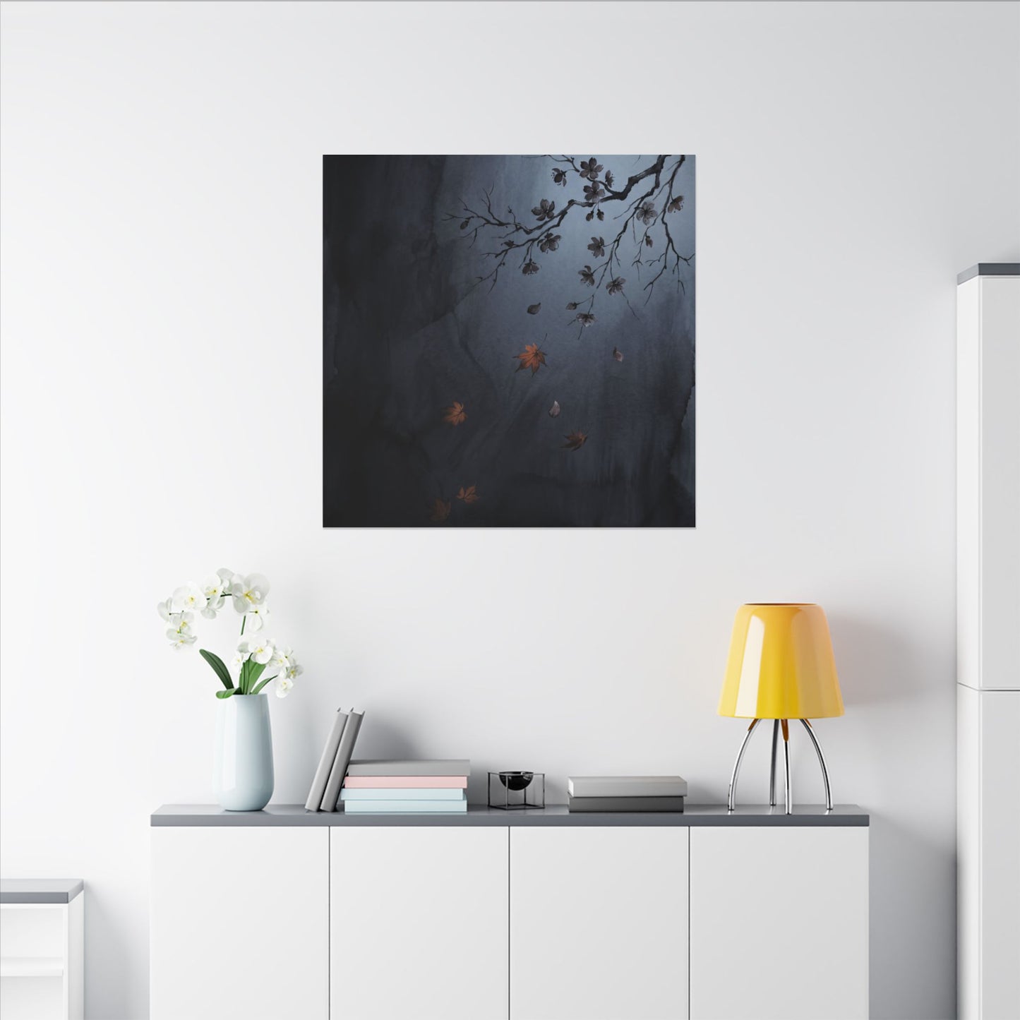 Autumn Cherry Blossom Charcoal Ink Canvas Art | Atmospheric Decor