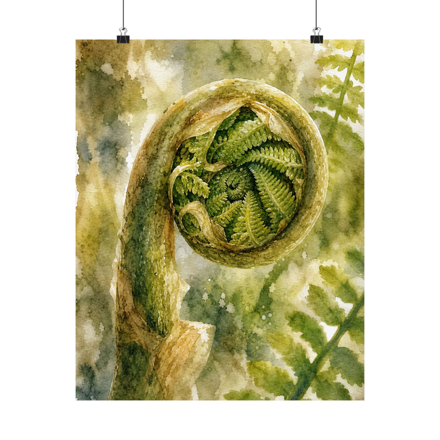 Elegant Fern Unfurling Wall Art Print - Watercolor Japandi