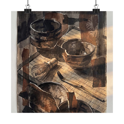 Dark Japandi Tea Ceremony in Golden Hour | Charcoal Ink Wall Art Print