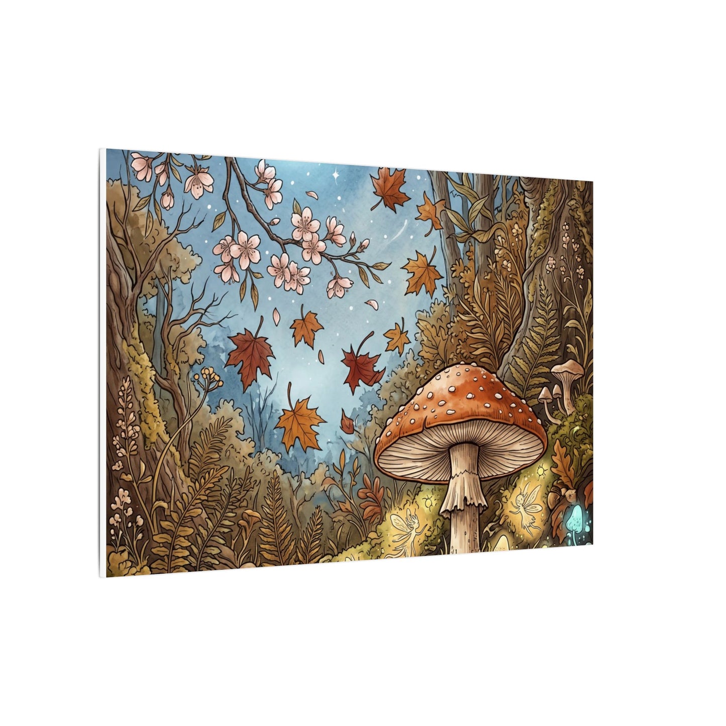 Autumn Cherry Blossom Mushroom Illustration Canvas Art | Enchanting Decor