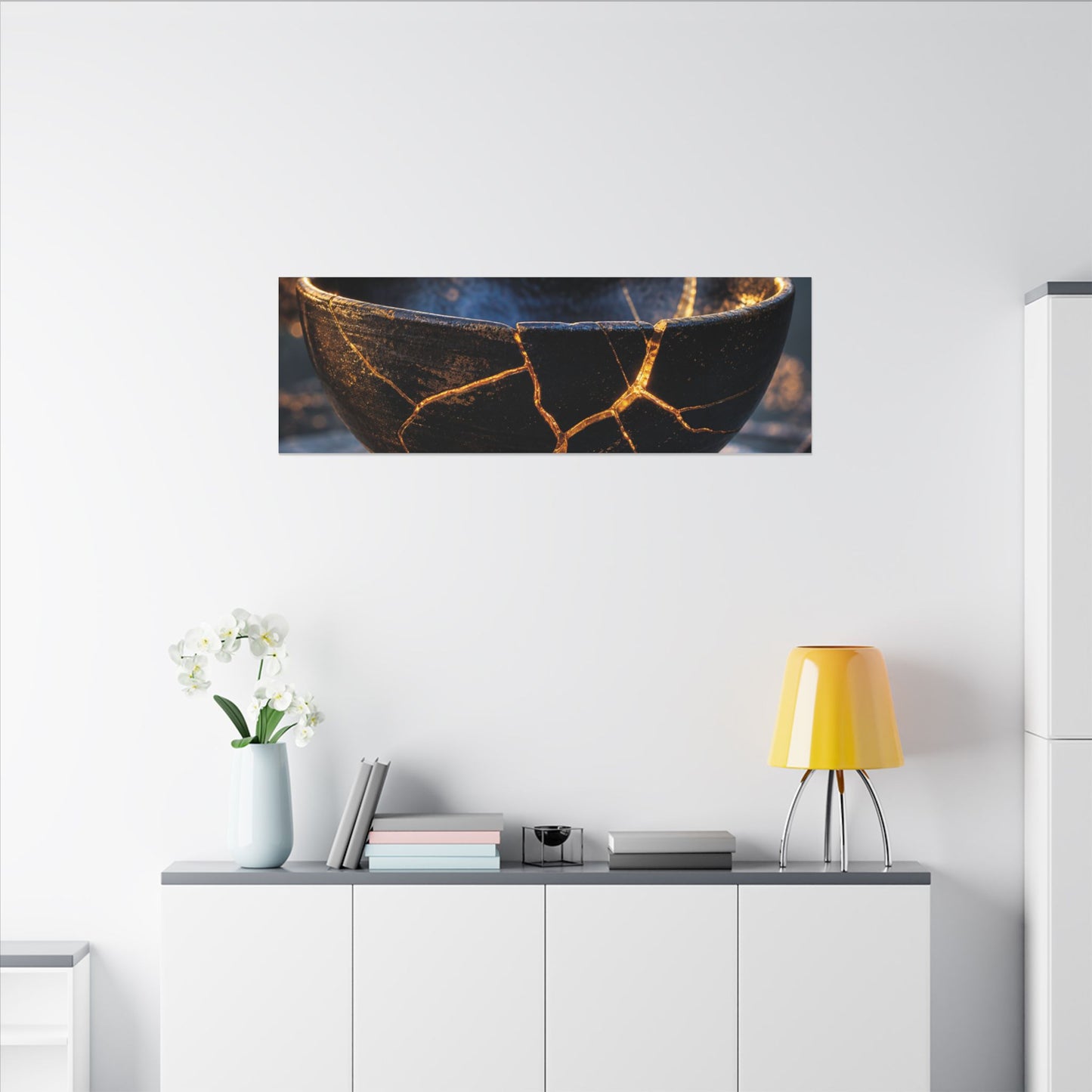 Ceramic Bowl Canvas Art | Winter Kintsugi Gold Repair Art