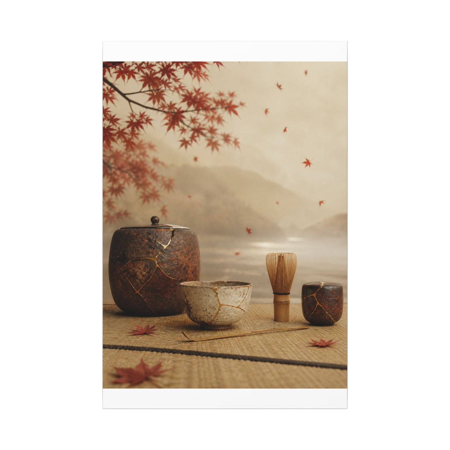 Tea Ceremony Canvas Art | Autumn Kintsugi Gold Vein Art