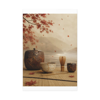 Tea Ceremony Canvas Art | Autumn Kintsugi Gold Vein Art