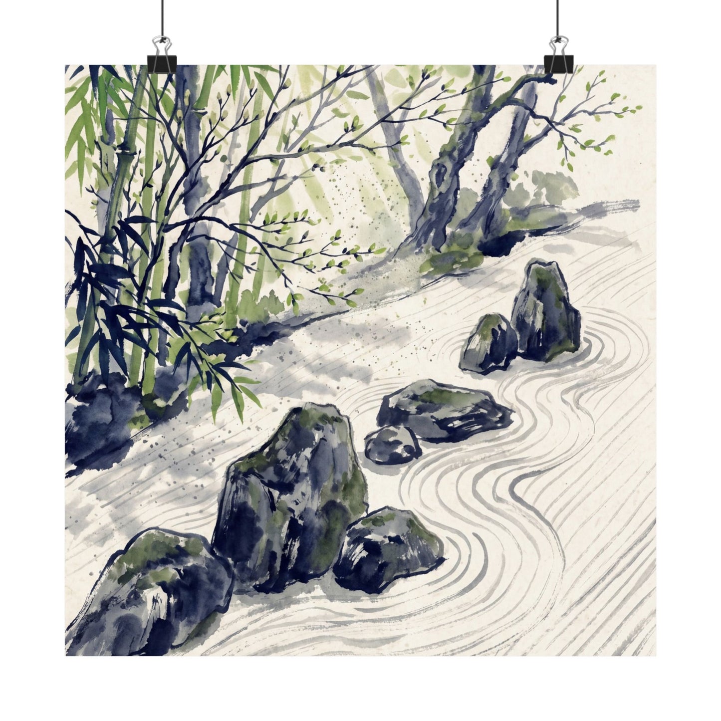 Zen Rock Garden in Dappled | Sumi E Wall Art Print
