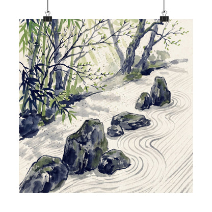 Zen Rock Garden in Dappled | Sumi E Wall Art Print