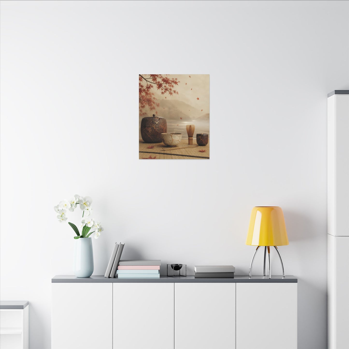 Tea Ceremony Canvas Art | Autumn Kintsugi Gold Vein Art