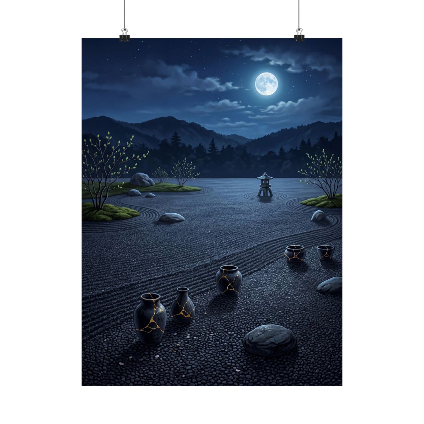 Moonlit Garden Wall Art Print | Spring Kintsugi Gold Repair Art