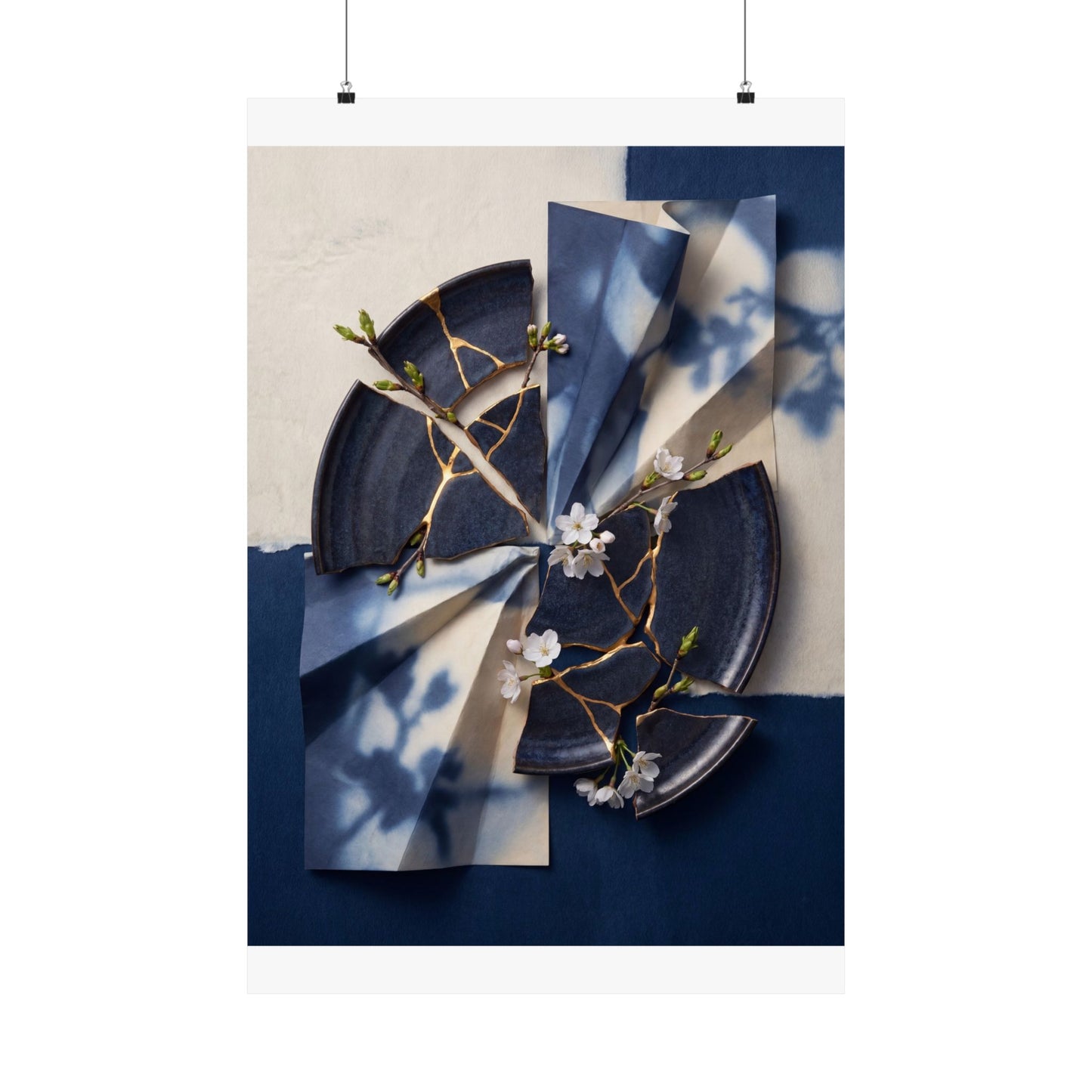 Kintsugi Paper Fold in Moonlight | Gold Repair Wall Art Print
