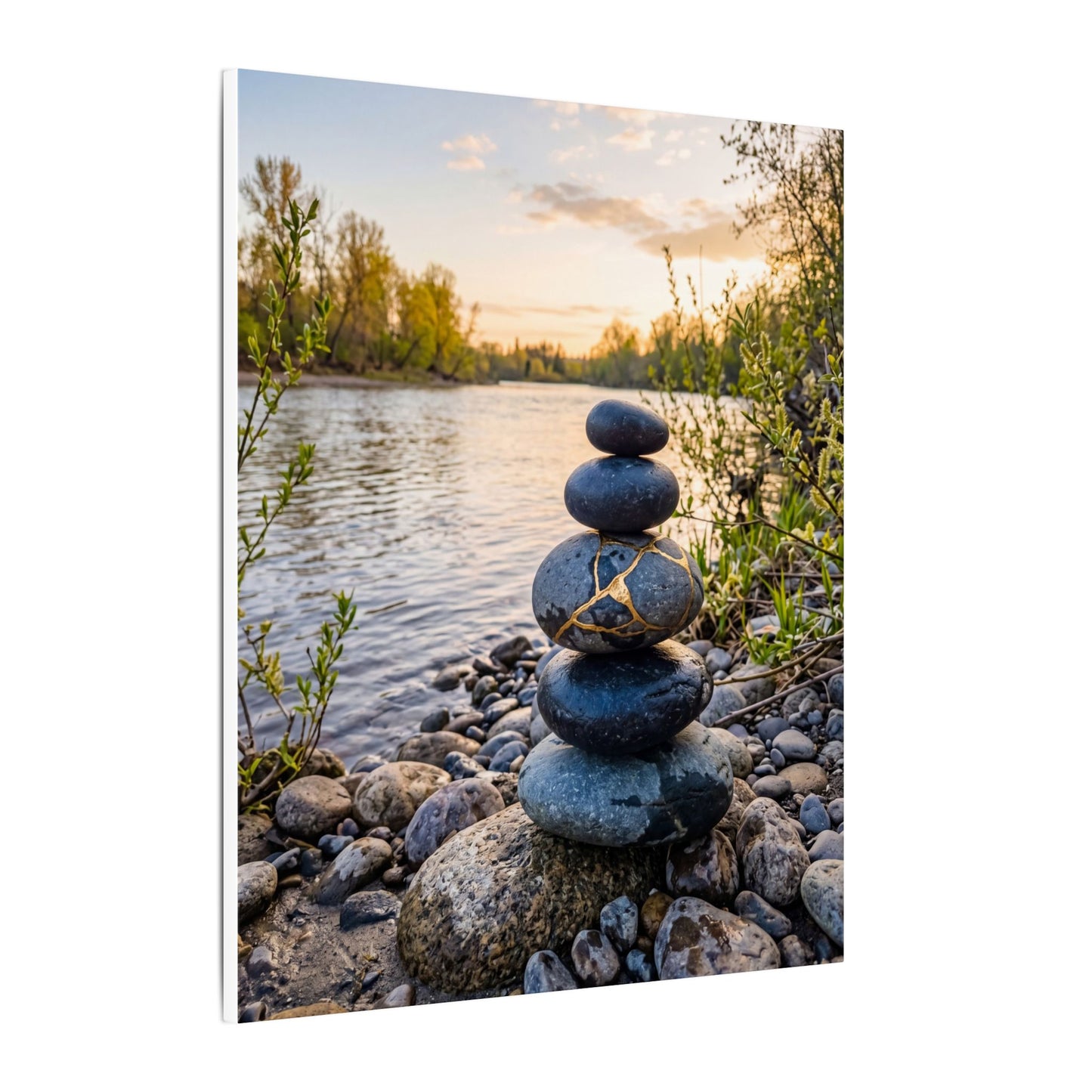 Kintsugi River Stones in Golden Hour | Gold Vein Canvas Art