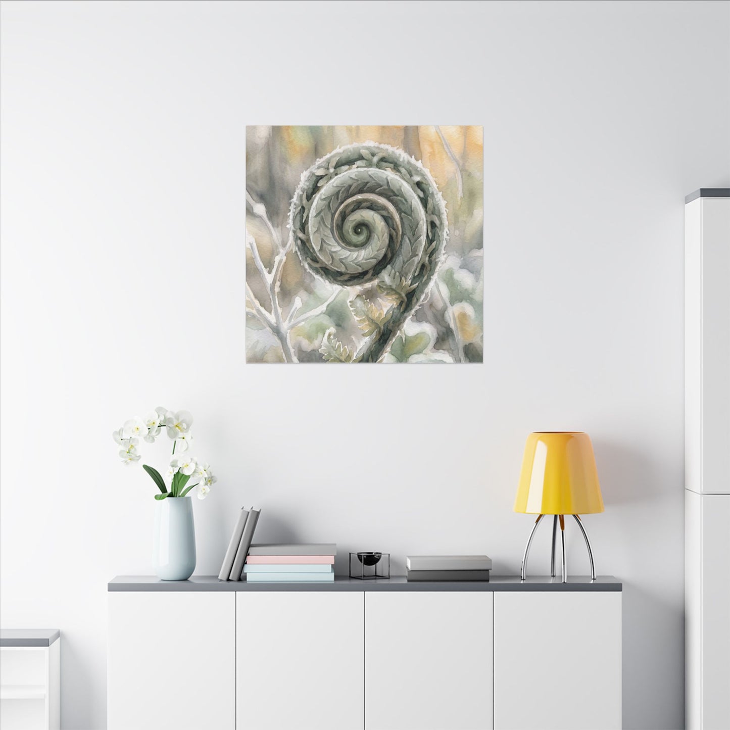 Winter Fern Unfurling Watercolor Canvas Art | Cozy Decor