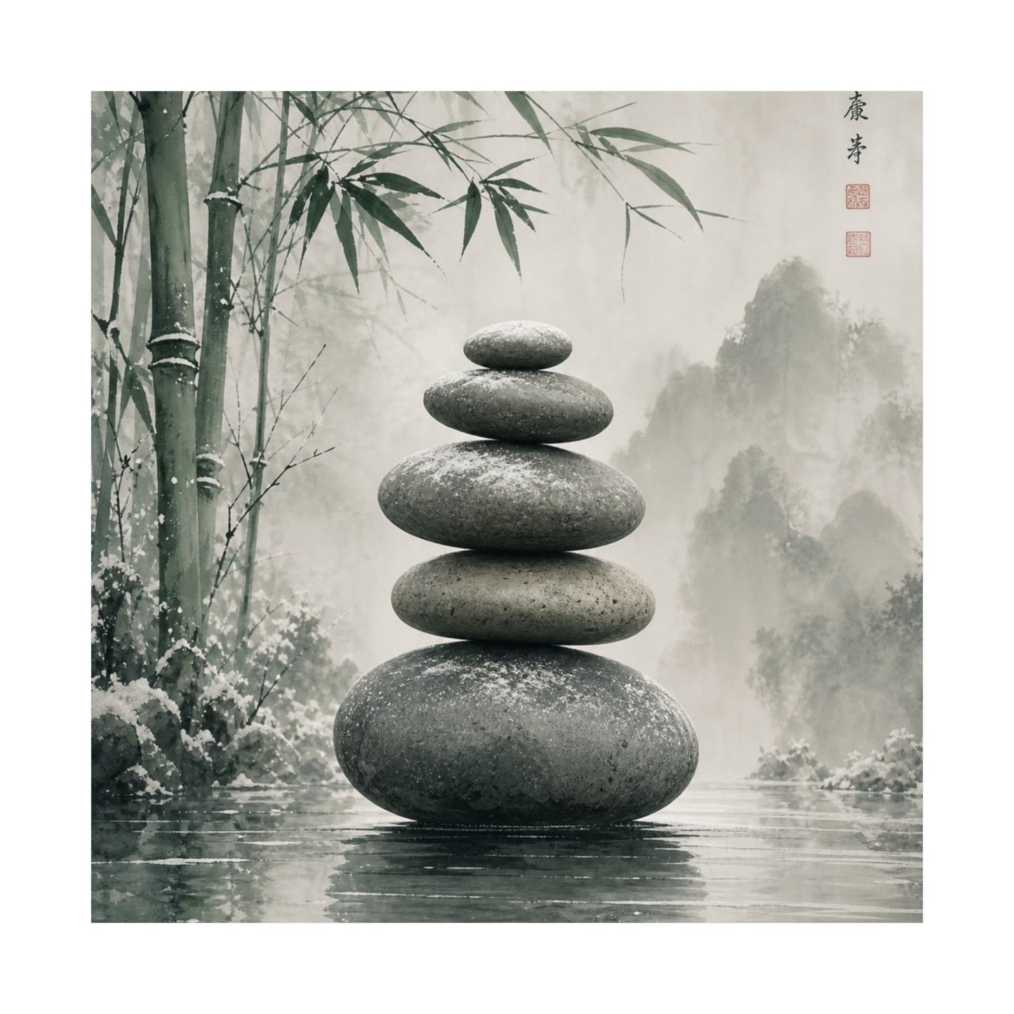 River Stones Sumi E Wall Art Print | Tranquil Zen Art