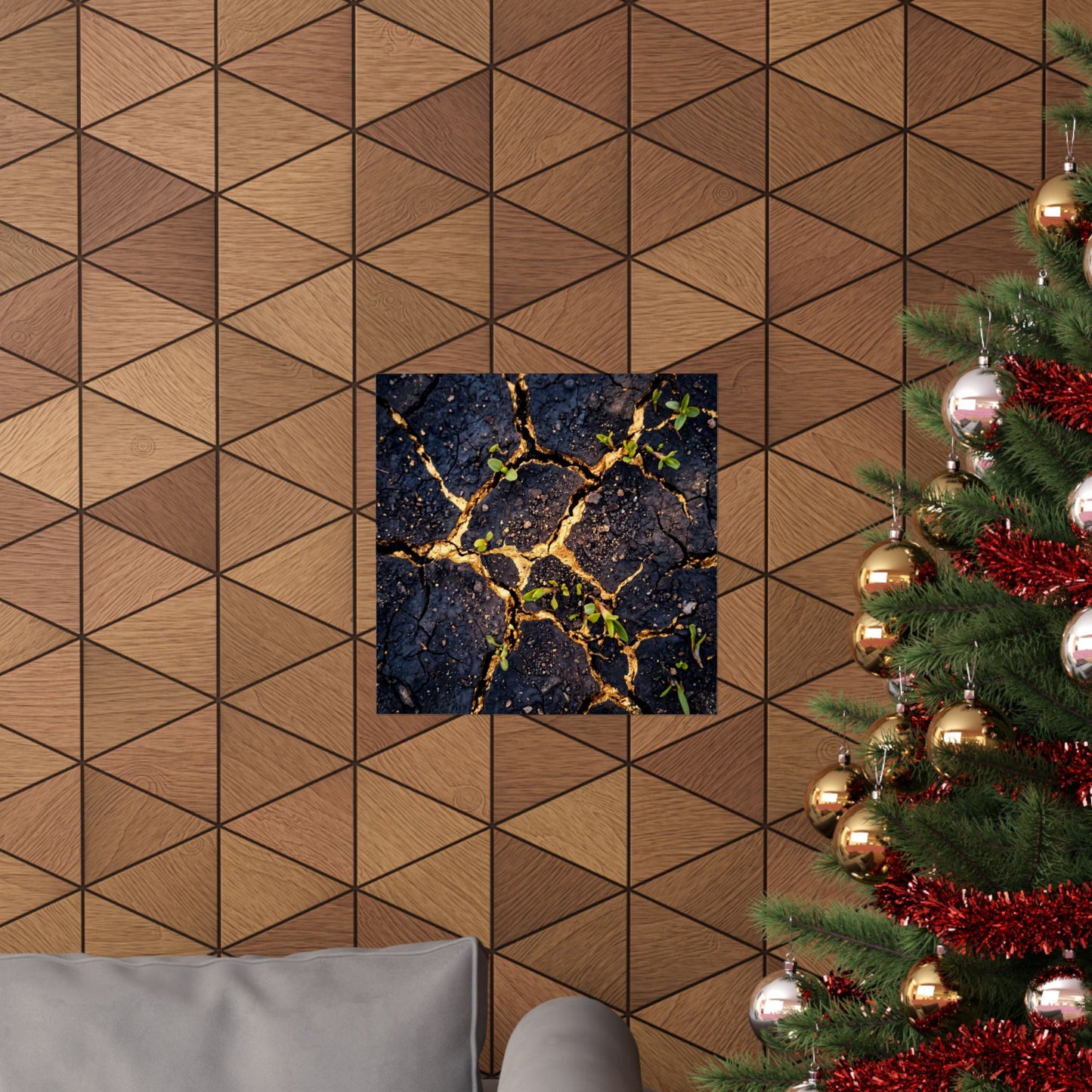Healing Cracked Earth Wall Art Print - Crackle Gold Kintsugi