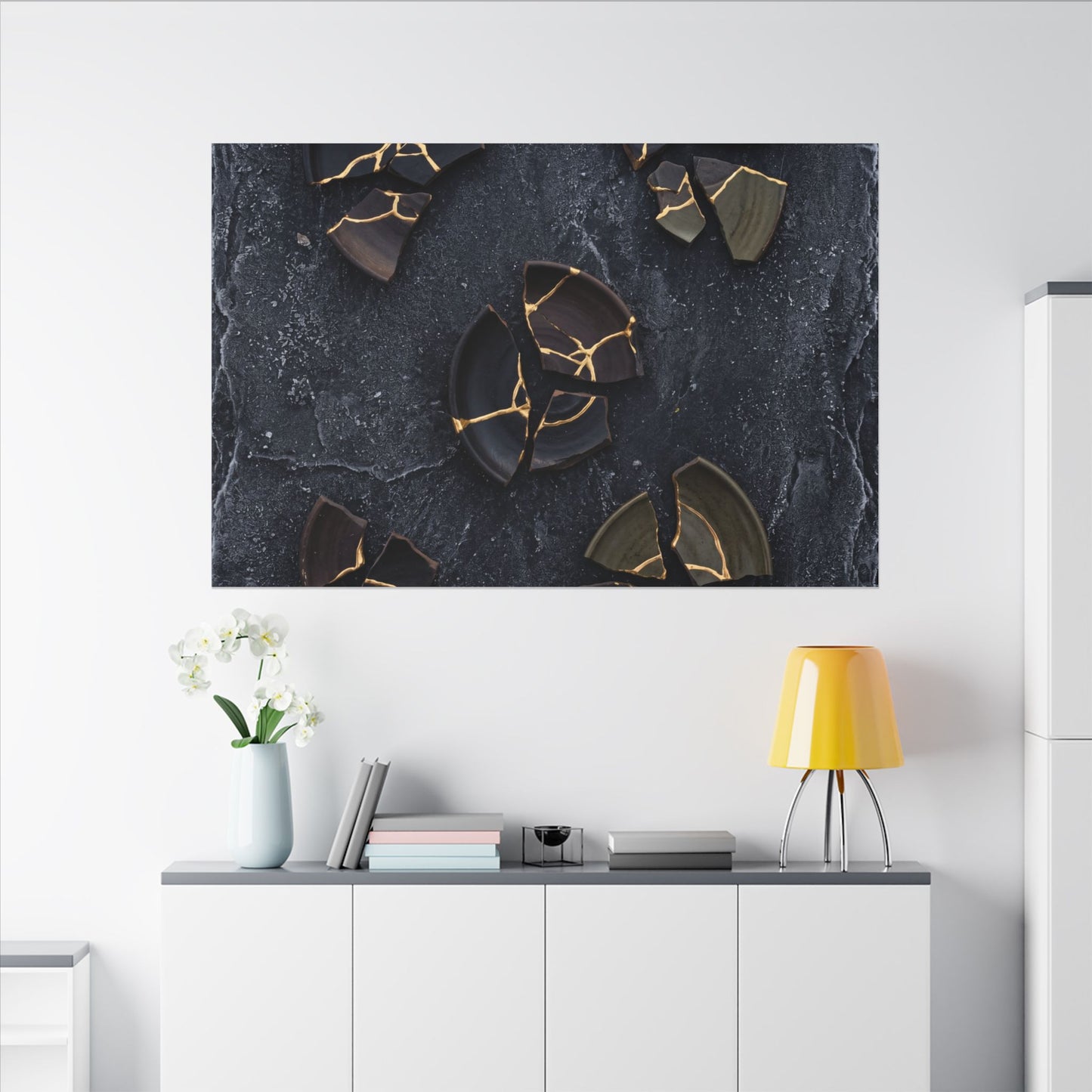 Broken Pottery Canvas Art | Winter Dark Japandi Shadow Zen Art