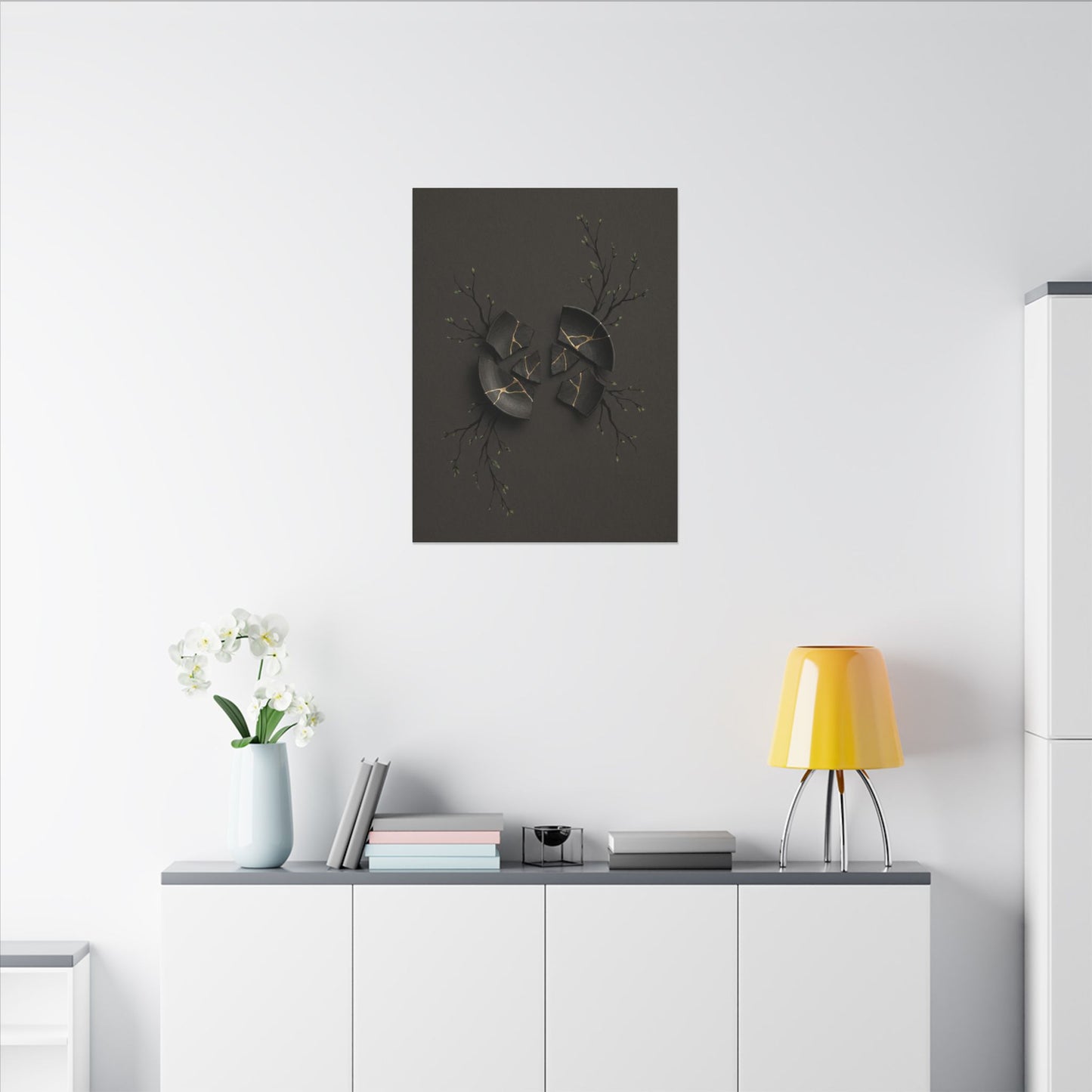 Sophisticated Broken Pottery Canvas Art - Charcoal Ink Dark Japandi