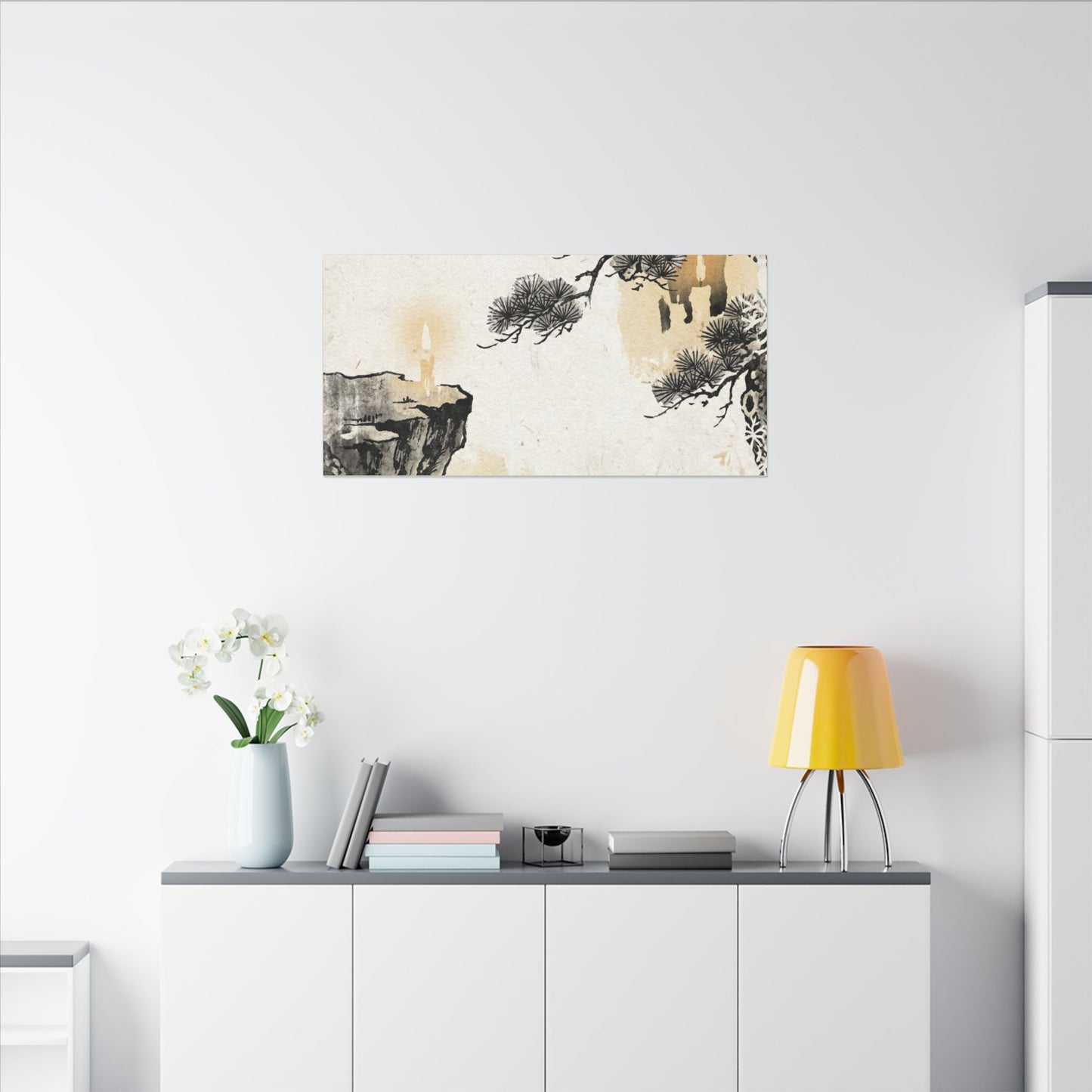 Japandi Pine Tree in Candlelight | Japanese Pattern Canvas Art