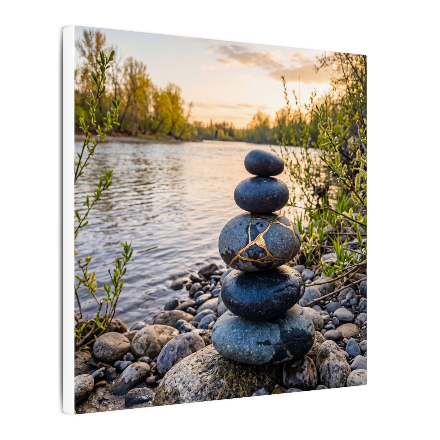 Kintsugi River Stones in Golden Hour | Gold Vein Canvas Art