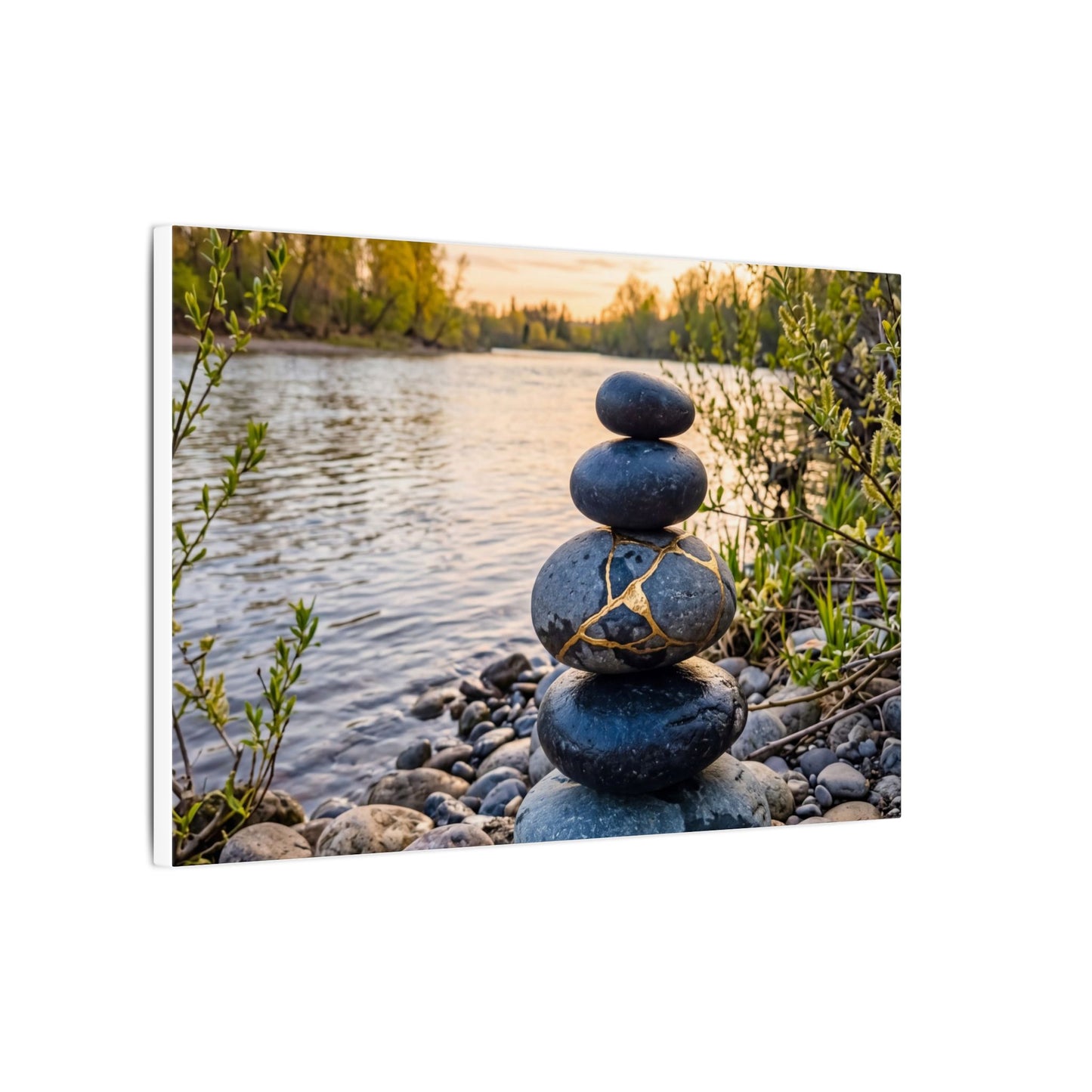 Kintsugi River Stones in Golden Hour | Gold Vein Canvas Art