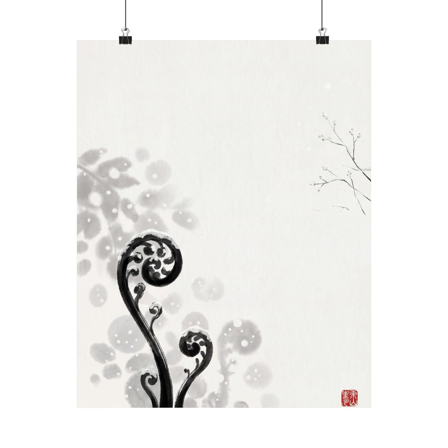 Winter Fern Unfurling Ukiyo E Inspired Wall Art Print | Serene Decor Art Print
