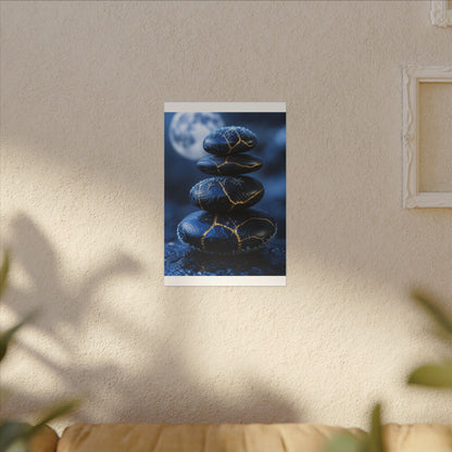 River Stones Canvas Art | Winter Kintsugi Gold Repair Art