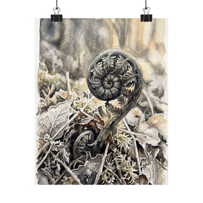 Japandi Fern Unfurling in Golden Hour | Watercolor Wall Art Print