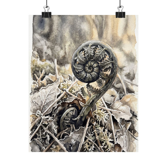 Japandi Fern Unfurling in Golden Hour | Watercolor Wall Art Print