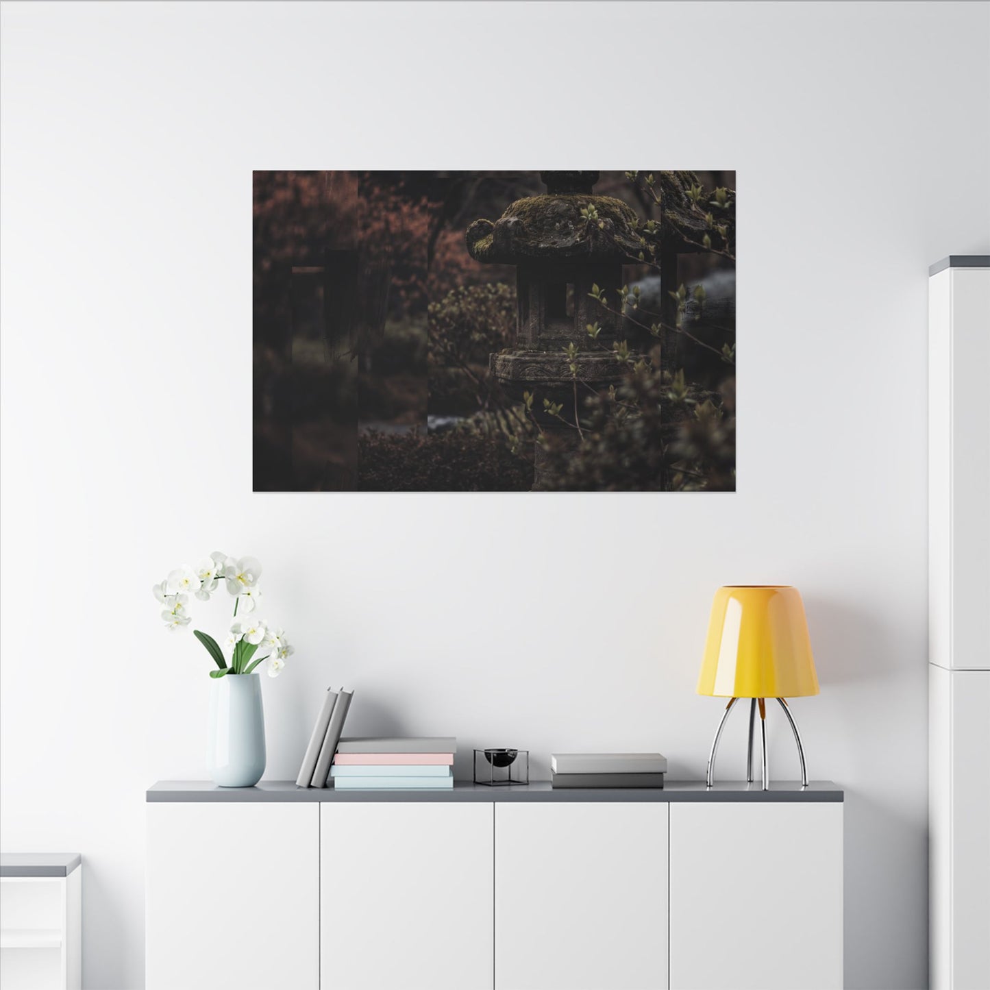 Stone Lantern Spring Canvas Art | Dark Japandi Bold Design
