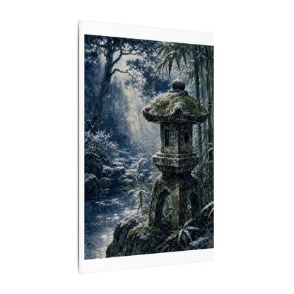 Zen Stone Lantern in Dappled | Sumi E Canvas Art