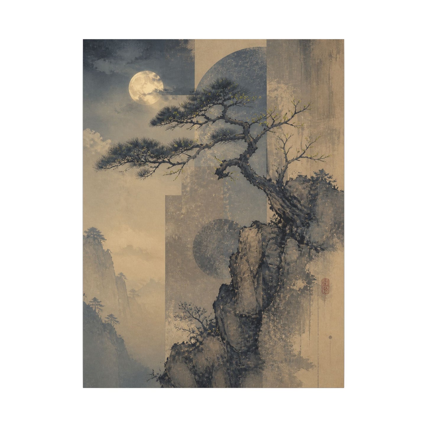 Japandi Pine Tree in Moonlight | Japanese Pattern Canvas Art