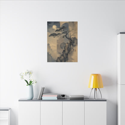 Japandi Pine Tree in Moonlight | Japanese Pattern Canvas Art