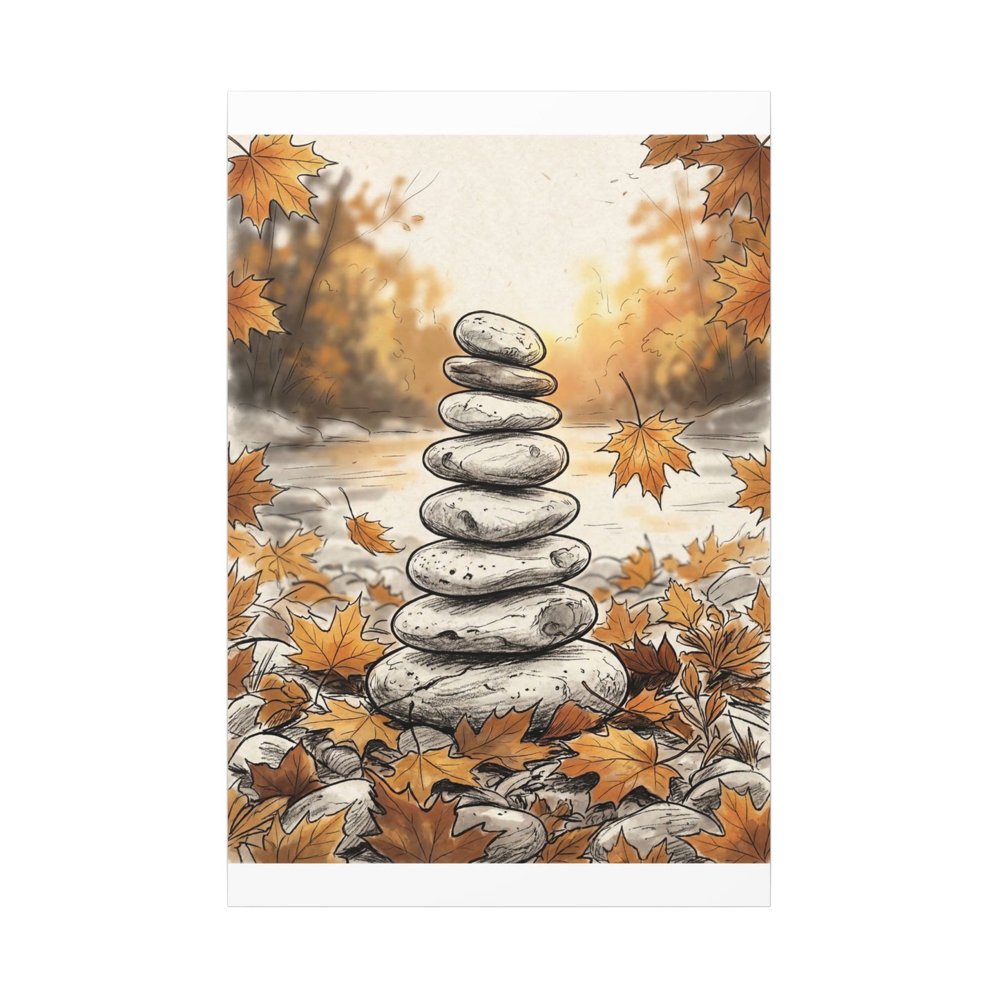 Earthy River Stones Canvas Art - Minimal Line Japandi