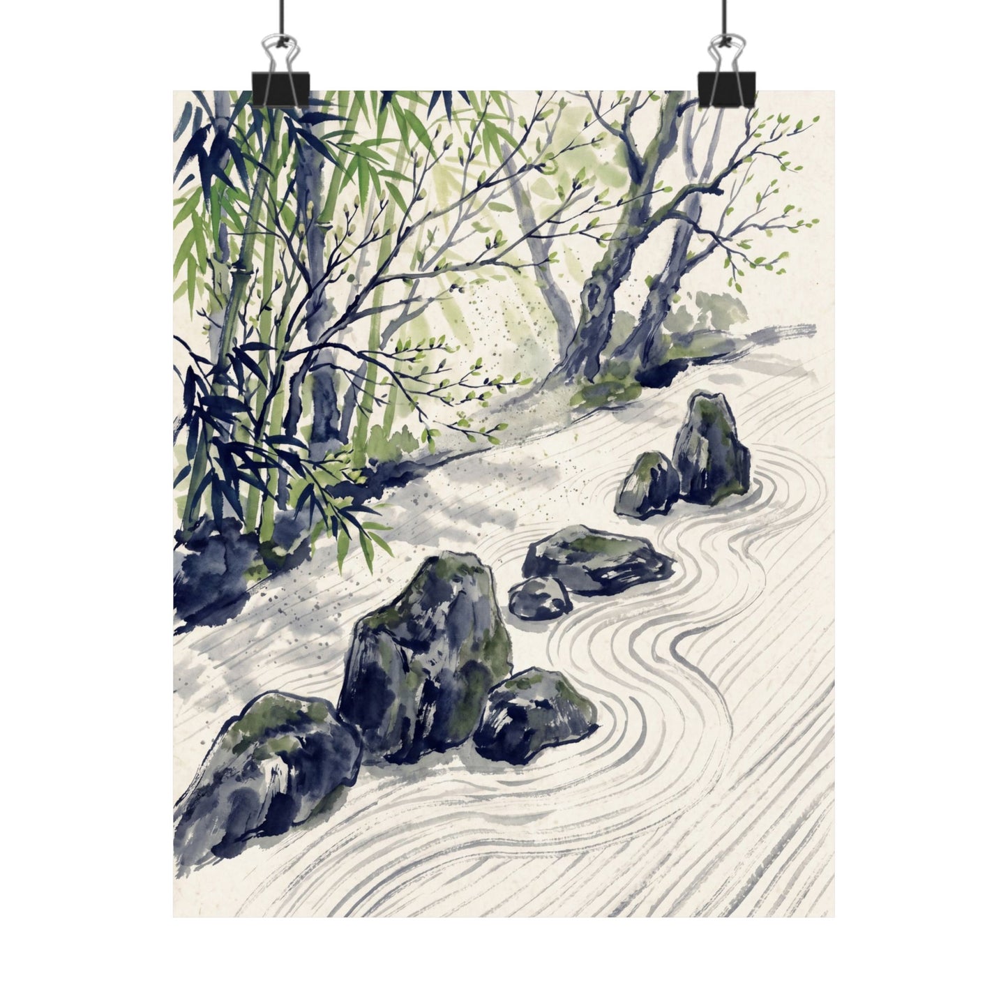 Zen Rock Garden in Dappled | Sumi E Wall Art Print
