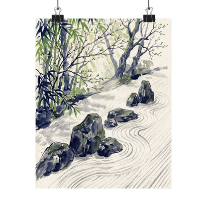 Zen Rock Garden in Dappled | Sumi E Wall Art Print