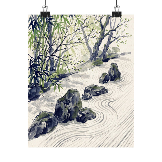 Zen Rock Garden in Dappled | Sumi E Wall Art Print