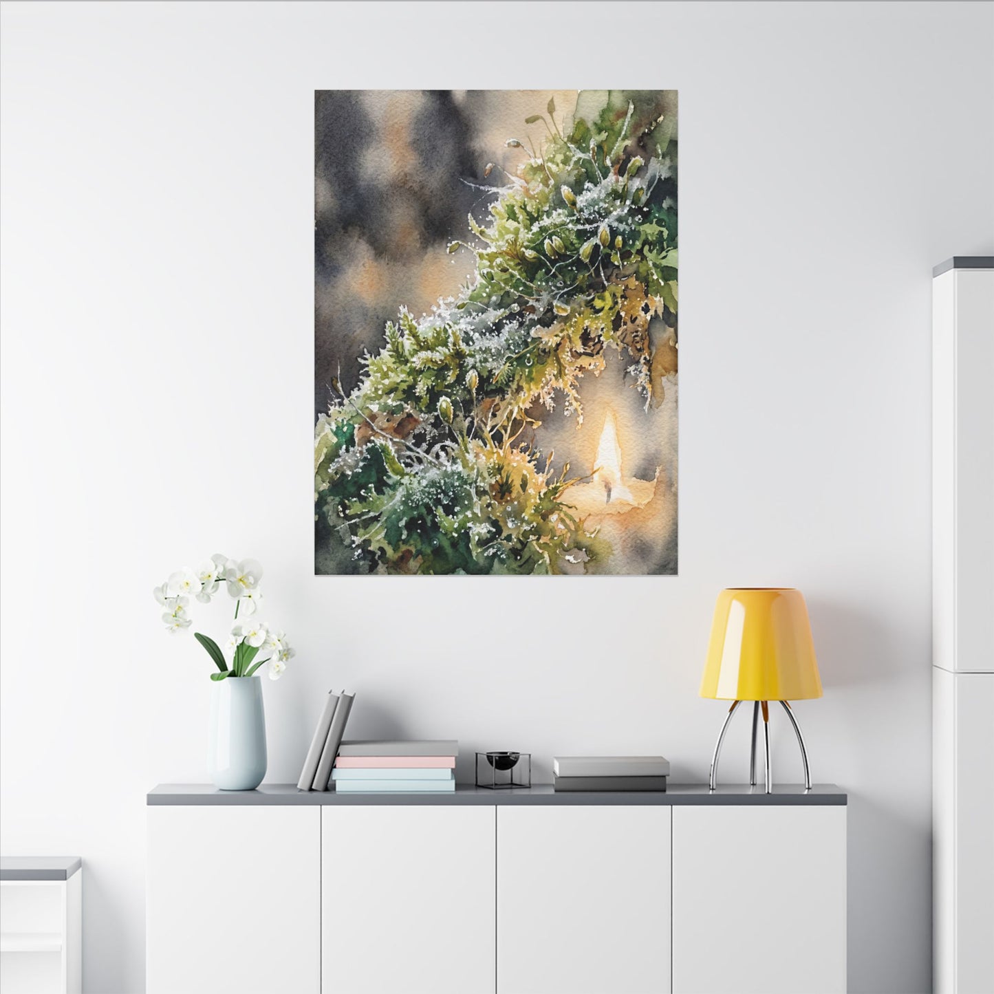 Winter Moss Close Up Watercolor Canvas Art | Neutral Decor