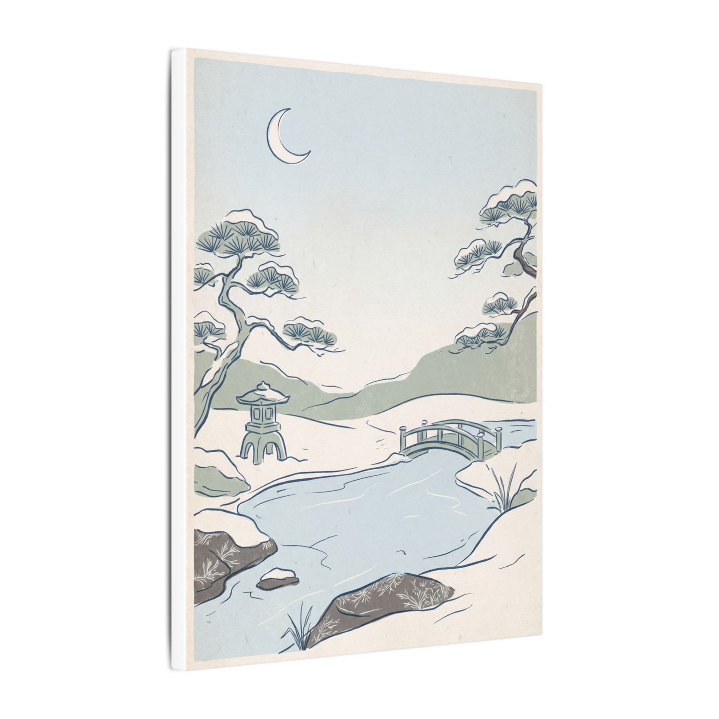 Japandi Moonlit Garden in Moonlight | Minimal Line Canvas Art
